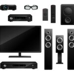 Realistic house appliances set with TV camera 3D glasses musical speakers dvd-player remote isolated vector illustration